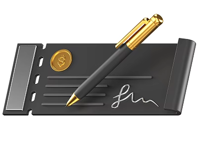 Black Notepad With Gold Nib Pen Dollar Sign Coin And Handwritten Signature 3d model