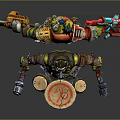 Orc Warrior Character With Muscular Build Wearing Helmet Armor Holding Drum Red Symbol And Weapons