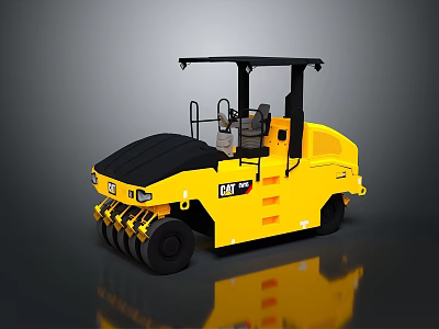 Yellow CAT Road Roller With Black Top And Heavy Duty Wheels 3d model