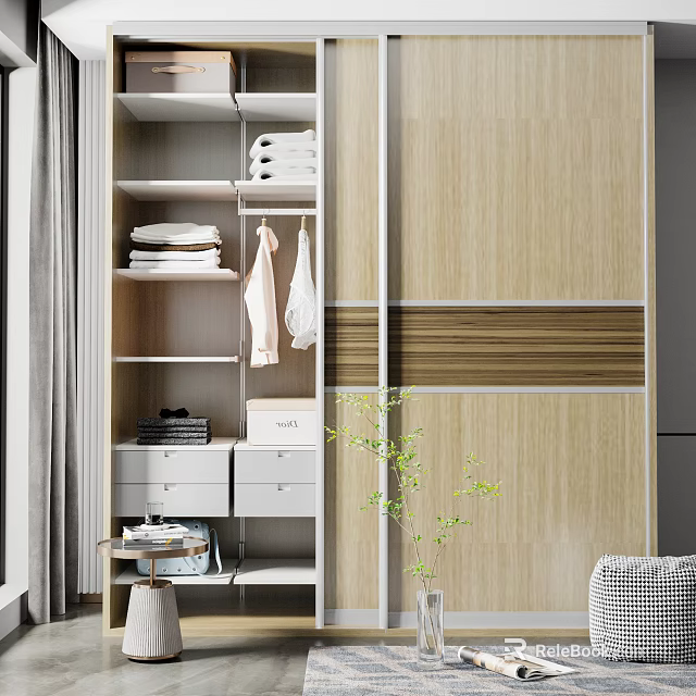 Modern Wooden Wardrobe with Sliding Doors Shelves Drawers and Folded Clothes 3d model 