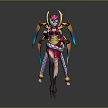 Mythical Female Character in Ornate Red Gold Costume with Winged Headdress and Blue Accents Standing