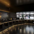 Modern Bar Interior With Black Counter High Stools Large Windows Warm Lighting And City View 3d model