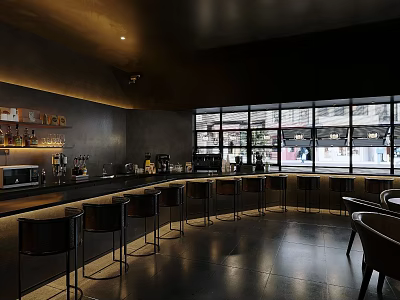 Modern Bar Interior With Black Counter High Stools Large Windows Warm Lighting And City View 3d model