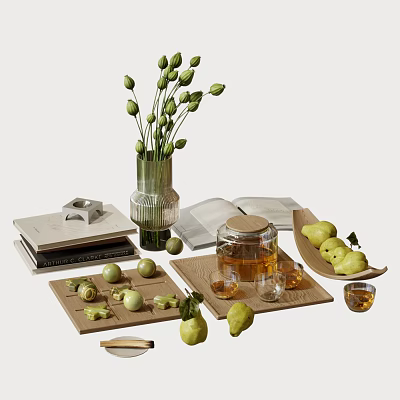 Elegant Decorative Ornament Set With Green Flower Buds Glass Vase Books Wooden Tray And Pears 3d model