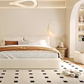 Modern Bedroom Interior with Arch Design Round Mirror Cozy Bed and Black White Dot Rug