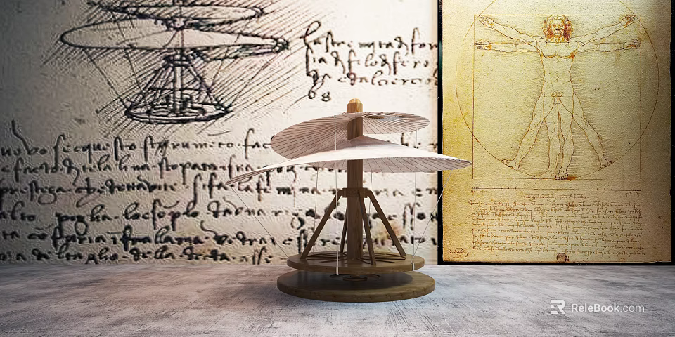 Building Blocks Mechanical Structure With Rotating Components And Wooden Base Against Da Vinci Manuscripts Background 3d model 
