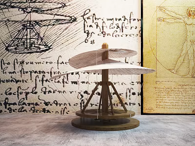 Building Blocks Mechanical Structure With Rotating Components And Wooden Base Against Da Vinci Manuscripts Background 3d model