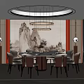 Elegant Chinese Style Private Dining Room With Round Table Pendant Lights And Landscape Painting