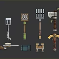 Different Types Of Pixel Art Weapons And Game Tools With Block Designs