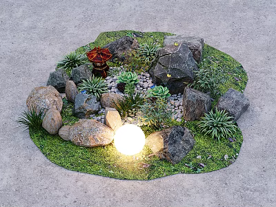 Mini Garden Decor with Circular Green Lawn Rocks Succulents Red Ornament and Glowing White Sphere 3d model