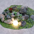Mini Garden Decor with Circular Green Lawn Rocks Succulents Red Ornament and Glowing White Sphere