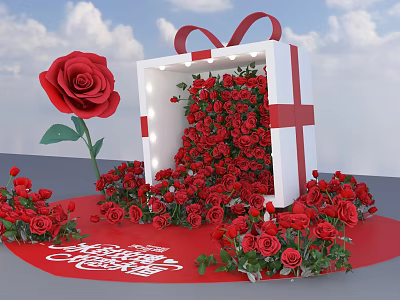 Illuminated Floral Installation With White Gift Box Red Ribbon Bow And Abundant Red Roses 3d model