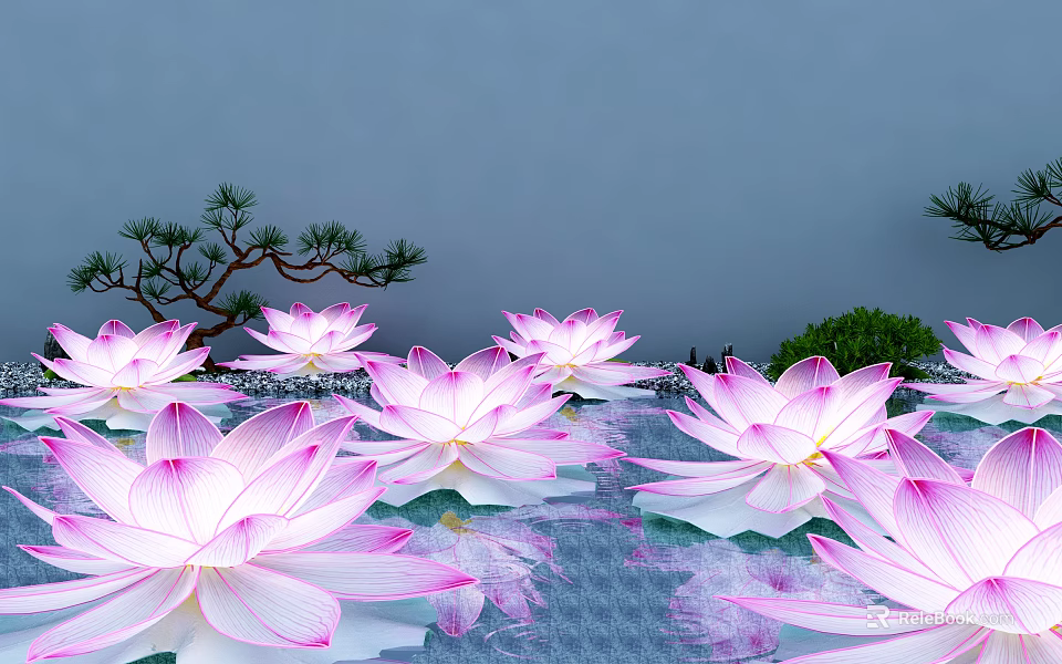 Pink Lotus Shaped Decorative Lights Floating On Water With Gray Wall And Green Plants 3d model 