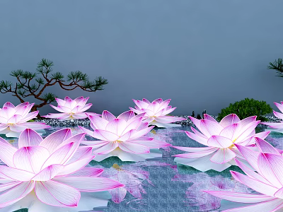 Pink Lotus Shaped Decorative Lights Floating On Water With Gray Wall And Green Plants 3d model