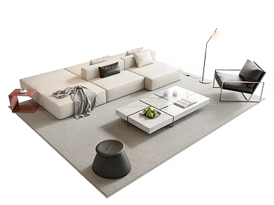 Modern Sofa and Coffee Table Set with L shaped Design Decorative Pillows and Throw Blanket 3d model