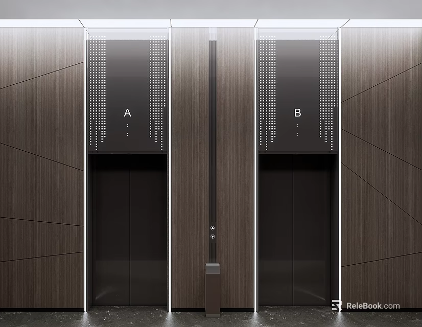 Two Modern Elevators With Dark Doors And Wooden Wall Lighting Design 3d model 