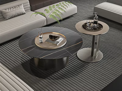 Modern Round Marble Coffee Table With Metal Frame And Decorative Tray In Living Room 3d model