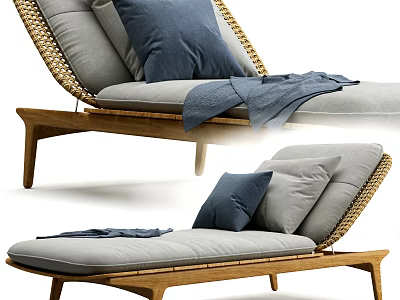 Comfortable Wooden Frame Lounge Chair with Woven Design Gray Cushions and Blue Throw Blanket 3d model