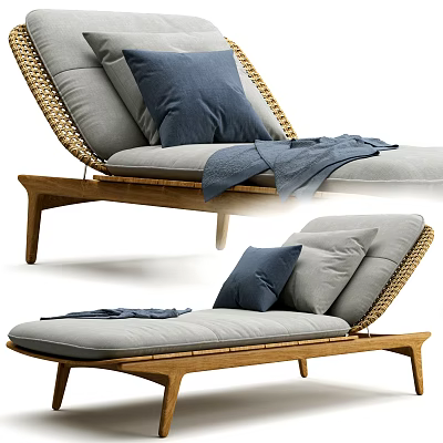 Comfortable Wooden Frame Lounge Chair with Woven Design Gray Cushions and Blue Throw Blanket 3d model