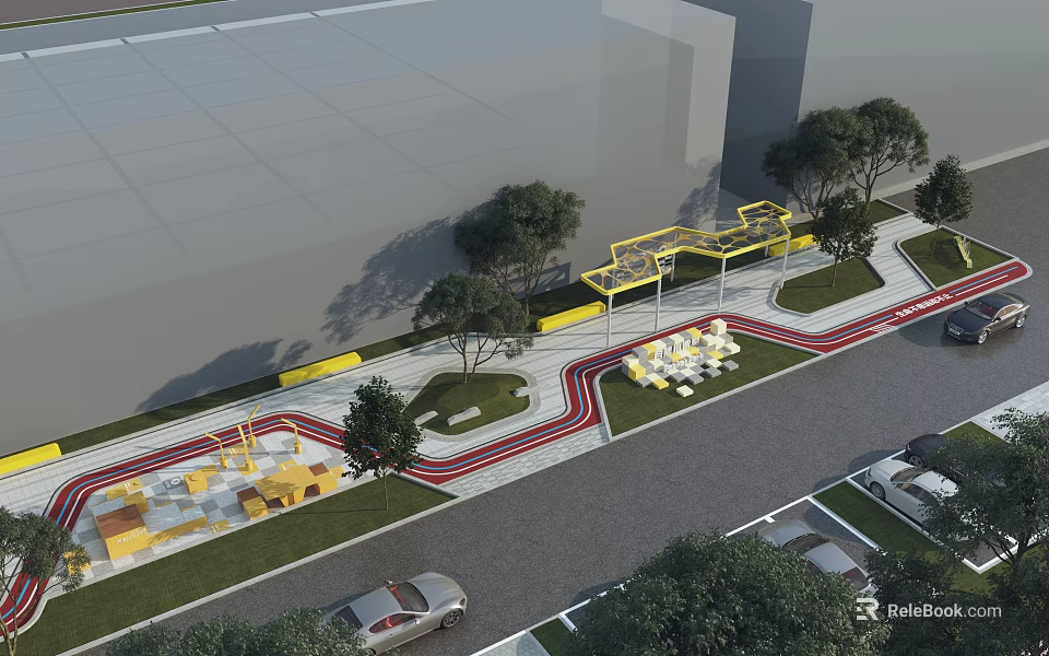 Urban Park Landscape With Curved Paths Yellow Pavilions And Green Trees 3d model 