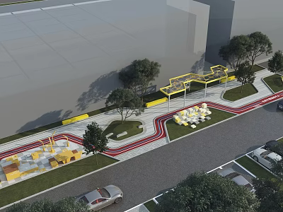 Urban Park Landscape With Curved Paths Yellow Pavilions And Green Trees 3d model
