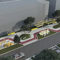 Urban Park Landscape With Curved Paths Yellow Pavilions And Green Trees