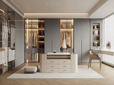 Modern Luxury Walk in Closet With Glass Fronted Cabinets Built in Lighting And Dressing Table 3d model