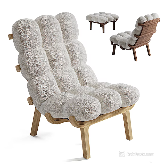 Plush Single Sofa With Fluffy Light Gray Upholstery And Wooden Legs Modern Design 3d model 