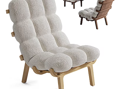 Plush Single Sofa With Fluffy Light Gray Upholstery And Wooden Legs Modern Design 3d model