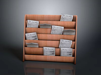 Wooden Multi Tiered Newspaper Rack With The Times Newspapers On Shelves 3d model