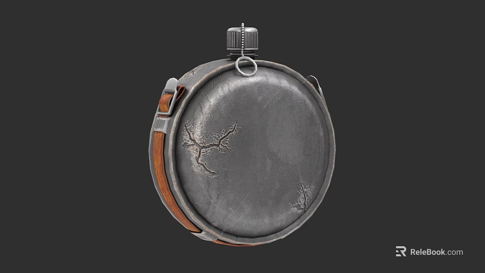 Vintage Metal Beverage Flask With Leather Strap And Decorative Engravings 3d model 