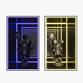Futuristic KTV Corridor Design with Blue Yellow Neon Frames and Robot Decor