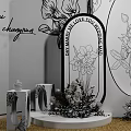 Elegant Decorative Display With Floral Sketch Panels Oval Frames Arched Mirrors And Greenery