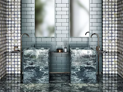 Modern Bathroom Washbasin Design With Double Marble Basins Gray Tiled Walls And Mirrors 3d model