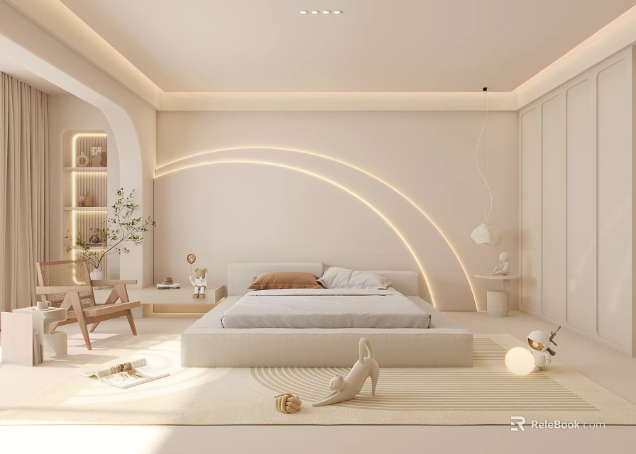 Contemporary Minimalist Bedroom In Neutral Tones With Arched Accent Lighting Wooden Chair And Area Rug 3d model 