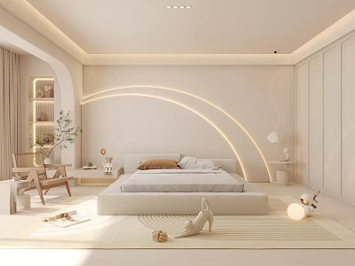 Contemporary Minimalist Bedroom In Neutral Tones With Arched Accent Lighting Wooden Chair And Area Rug 3d model