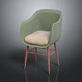 Green Armchair With Beige Seat Cushion And Red Wooden Legs