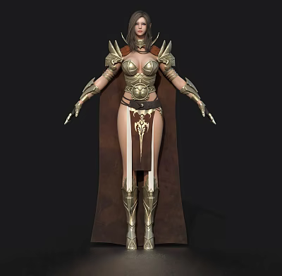 Heroic Fantasy Female Warrior Character With Golden Armor And Brown Cape 3d model