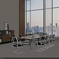 Modern Conference Room With Large Windows City View Long Table Chairs Wooden Cabinet And Carpet