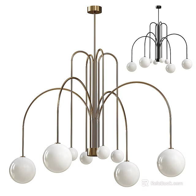 Contemporary Modern Chandelier With Curved Metal Arms And White Globe Light Shades 3d model 