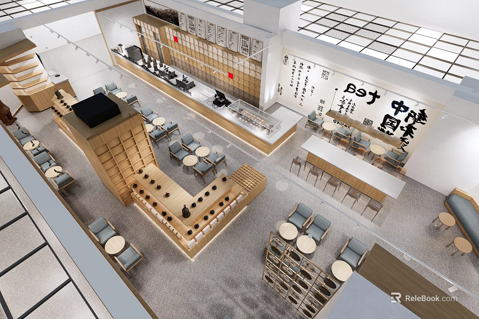 Traditional Teahouse Interior Design With Wooden Tables Chairs Open Layout And Calligraphy Decor 3d model 