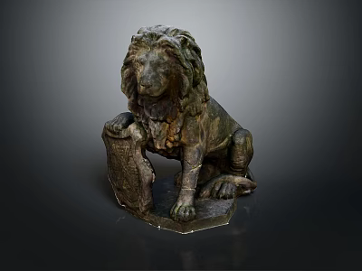 Antique Bronze Lion Sculpture In Sitting Posture With Decorative Plaque And Ornamental Base 3d model