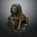 Antique Bronze Lion Sculpture In Sitting Posture With Decorative Plaque And Ornamental Base