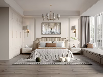 Neutral Tones Bedroom Interior With Upholstered Headboard Bed Chandelier Decorative Painting And Wooden Flooring 3d model