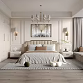 Neutral Tones Bedroom Interior With Upholstered Headboard Bed Chandelier Decorative Painting And Wooden Flooring