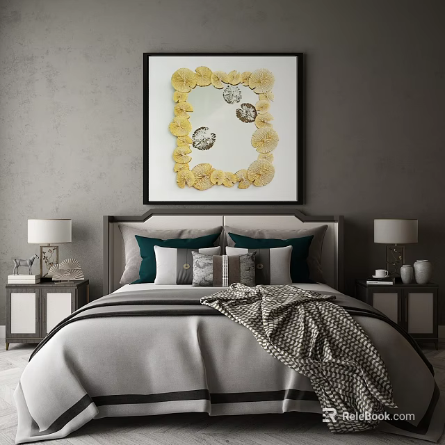 Modern Double Bed With Bedside Tables Lamps Pillows Blanket And Framed Artwork 3d model 