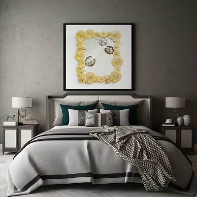 Modern Double Bed With Bedside Tables Lamps Pillows Blanket And Framed Artwork 3d model