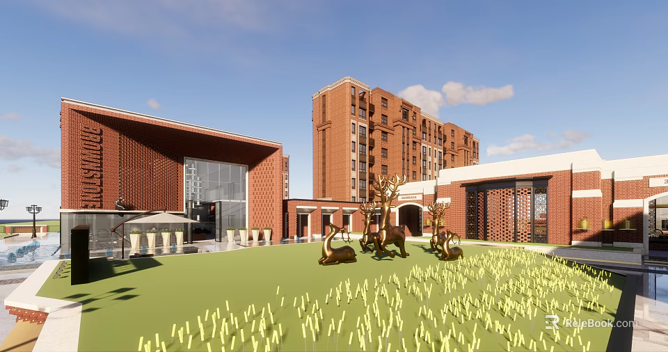 Residential Courtyard With Red Brick Buildings Tall Structure Green Lawn And Bronze Sculptures 3d model 