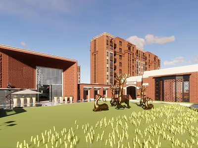Residential Courtyard With Red Brick Buildings Tall Structure Green Lawn And Bronze Sculptures 3d model