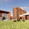 Residential Courtyard With Red Brick Buildings Tall Structure Green Lawn And Bronze Sculptures
